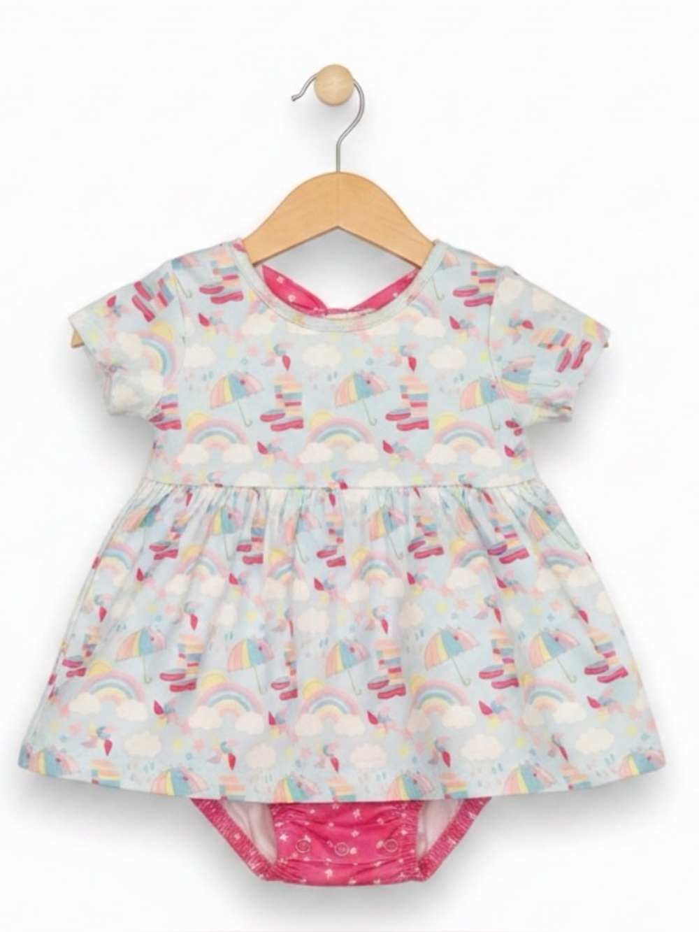 Baby Rainbow & Umbrella Print One-Piece Bodysuit Dress - Pink Accent